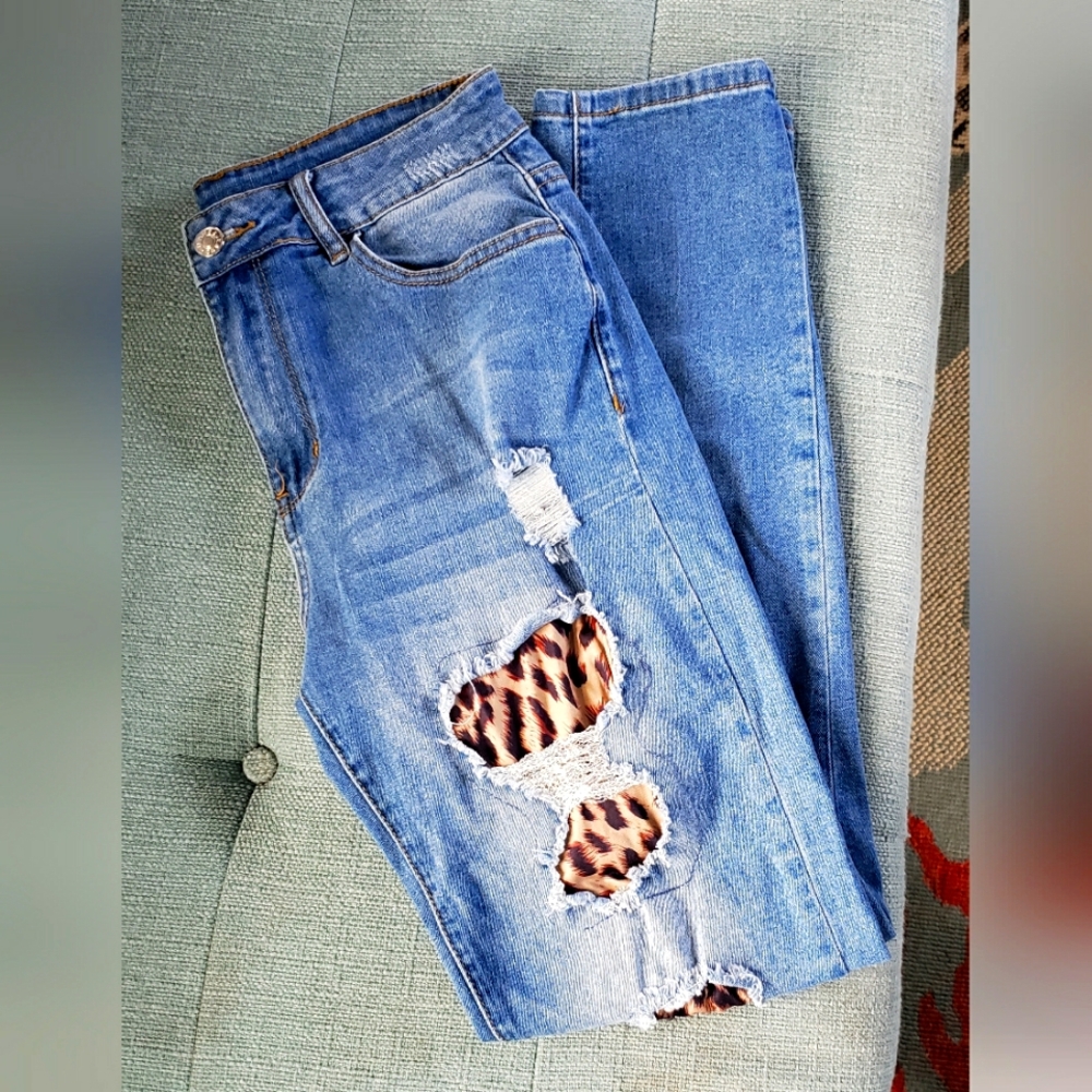 Leopard-Patch Blue Skinny Jeans for Women